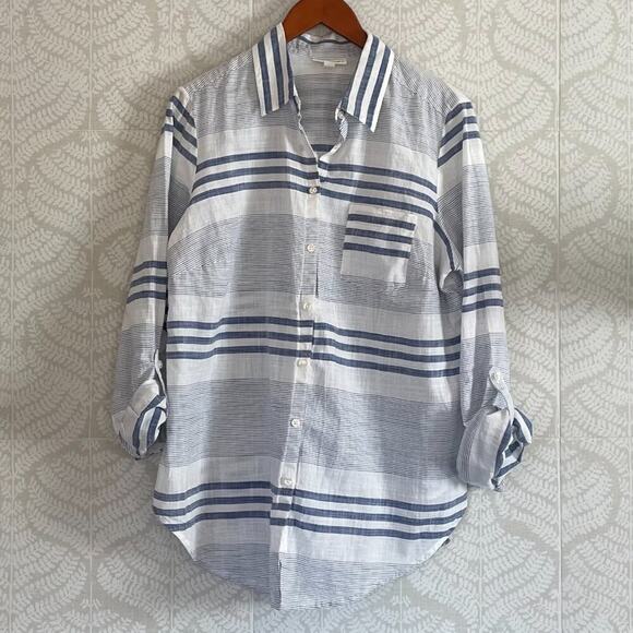 Blue, White Striped Cotton Button Down Lightweight Shirt Roll Tab Sleeves, 1X - Picture 3 of 13